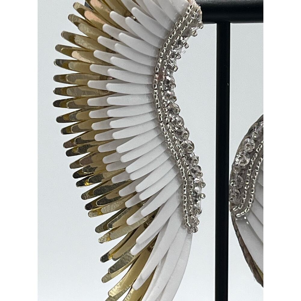 Mignonne Gavigan Gold White Metallic Madeline Large Leather Sequins Wing Earring - Picture 6 of 15